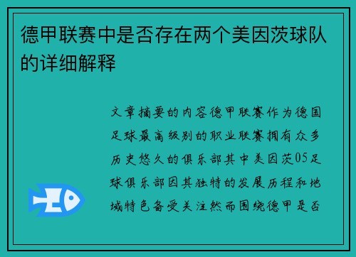 德甲联赛中是否存在两个美因茨球队的详细解释