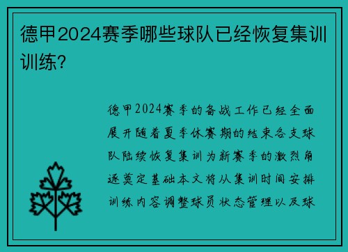 德甲2024赛季哪些球队已经恢复集训训练？